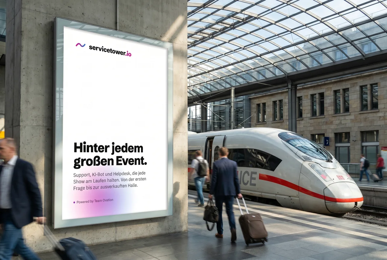servicetower.io Plakat in einem Bahnhof neben einem ICE