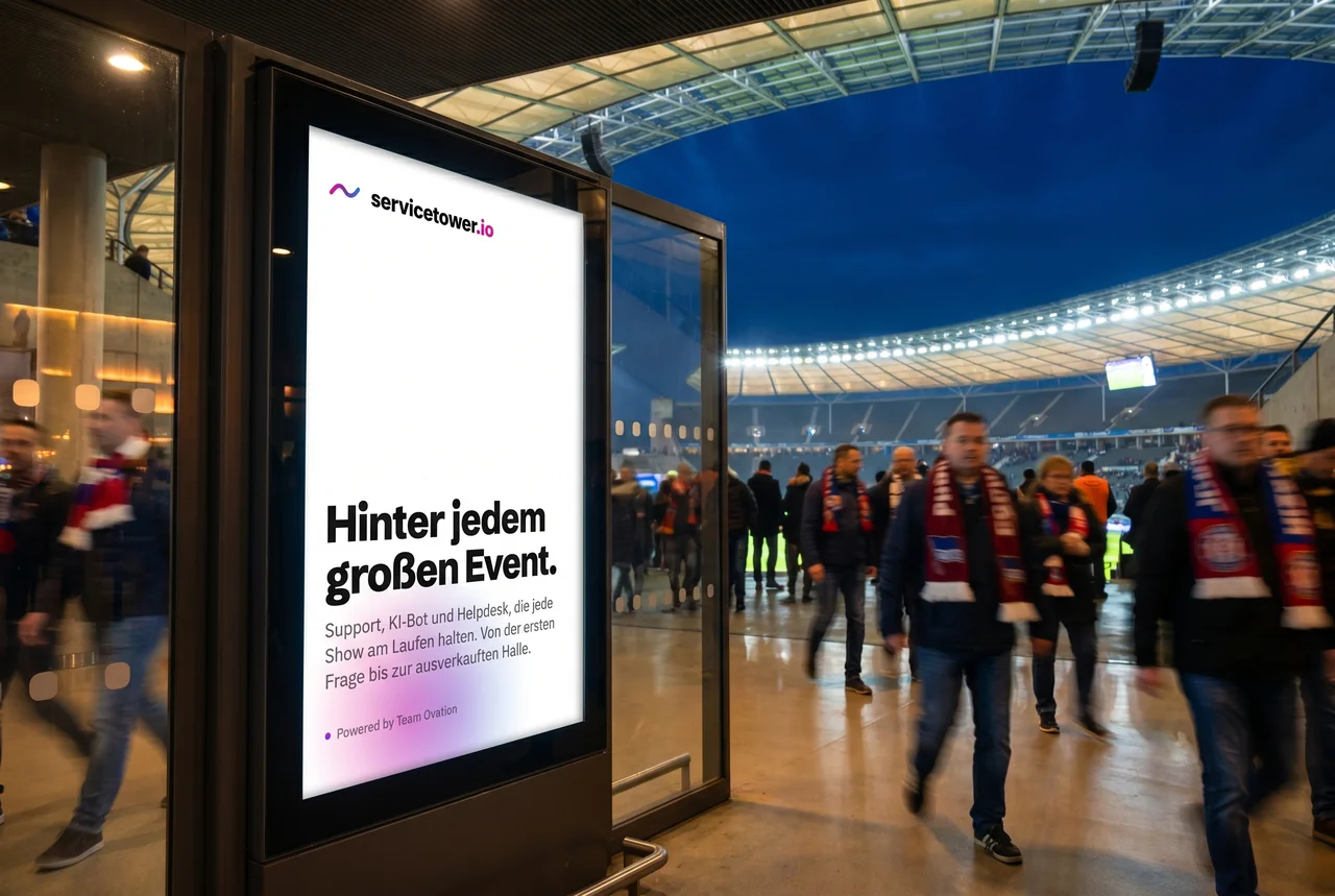 servicetower.io Plakat in einem Fußballstadion bei Flutlicht